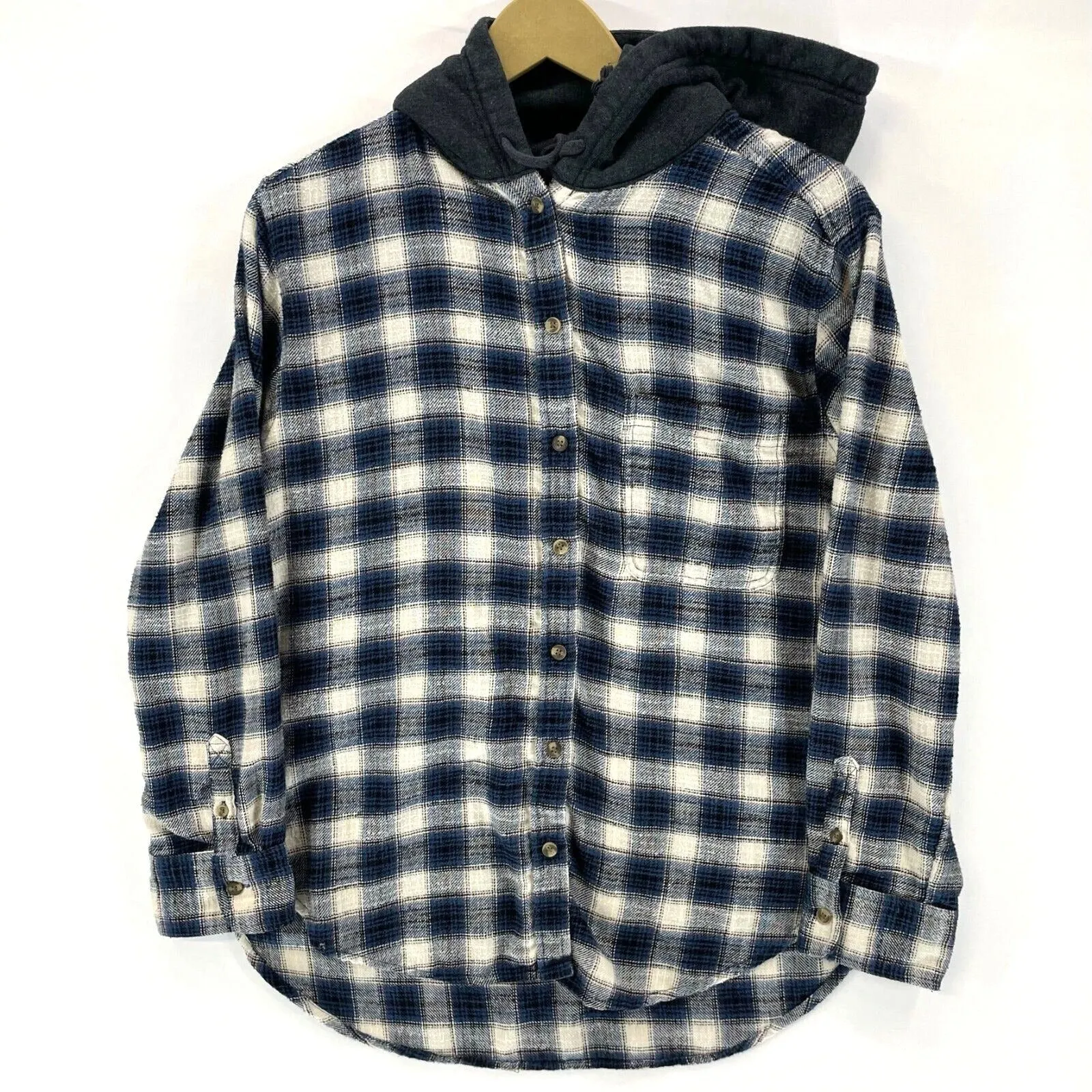 American Eagle Women's Hoodie Button Up Flannel Tunic Grunge Plaid Blue Size S