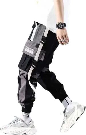Aoleaky Streetwear Casual Men's Harem Jogging Pants with Ribbons Slim Fit Spring Cargo Pants and Multiple-Pocket Trousers