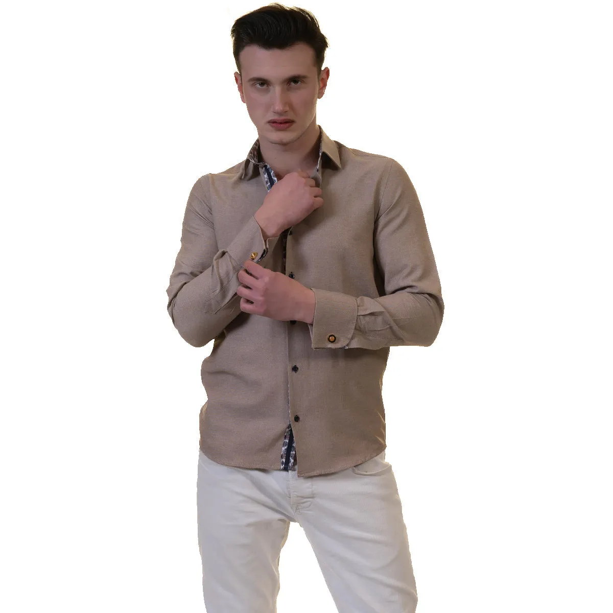 Brown White Mens Slim Fit French Cuff Dress Shirts with Cufflink Holes