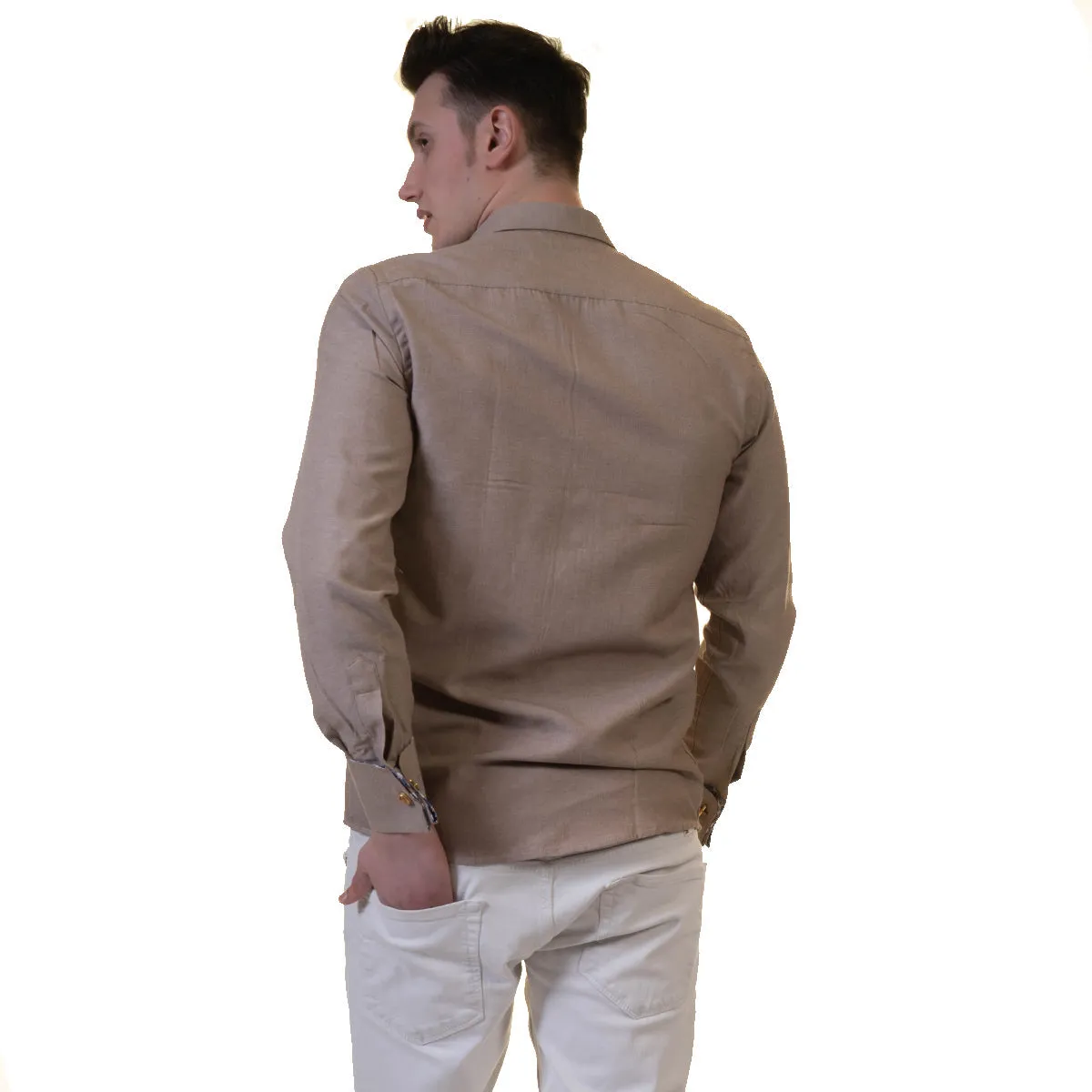 Brown White Mens Slim Fit French Cuff Dress Shirts with Cufflink Holes