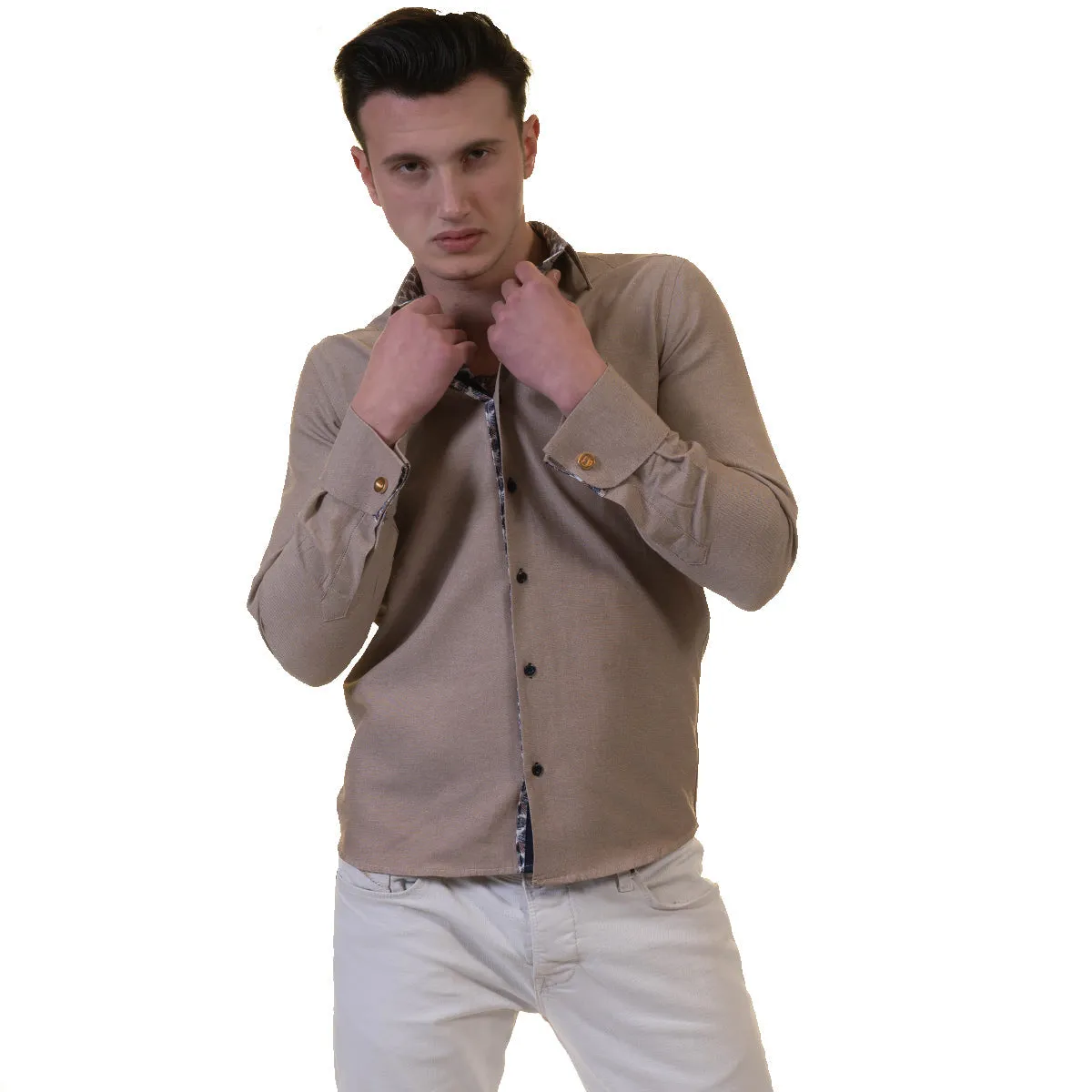 Brown White Mens Slim Fit French Cuff Dress Shirts with Cufflink Holes