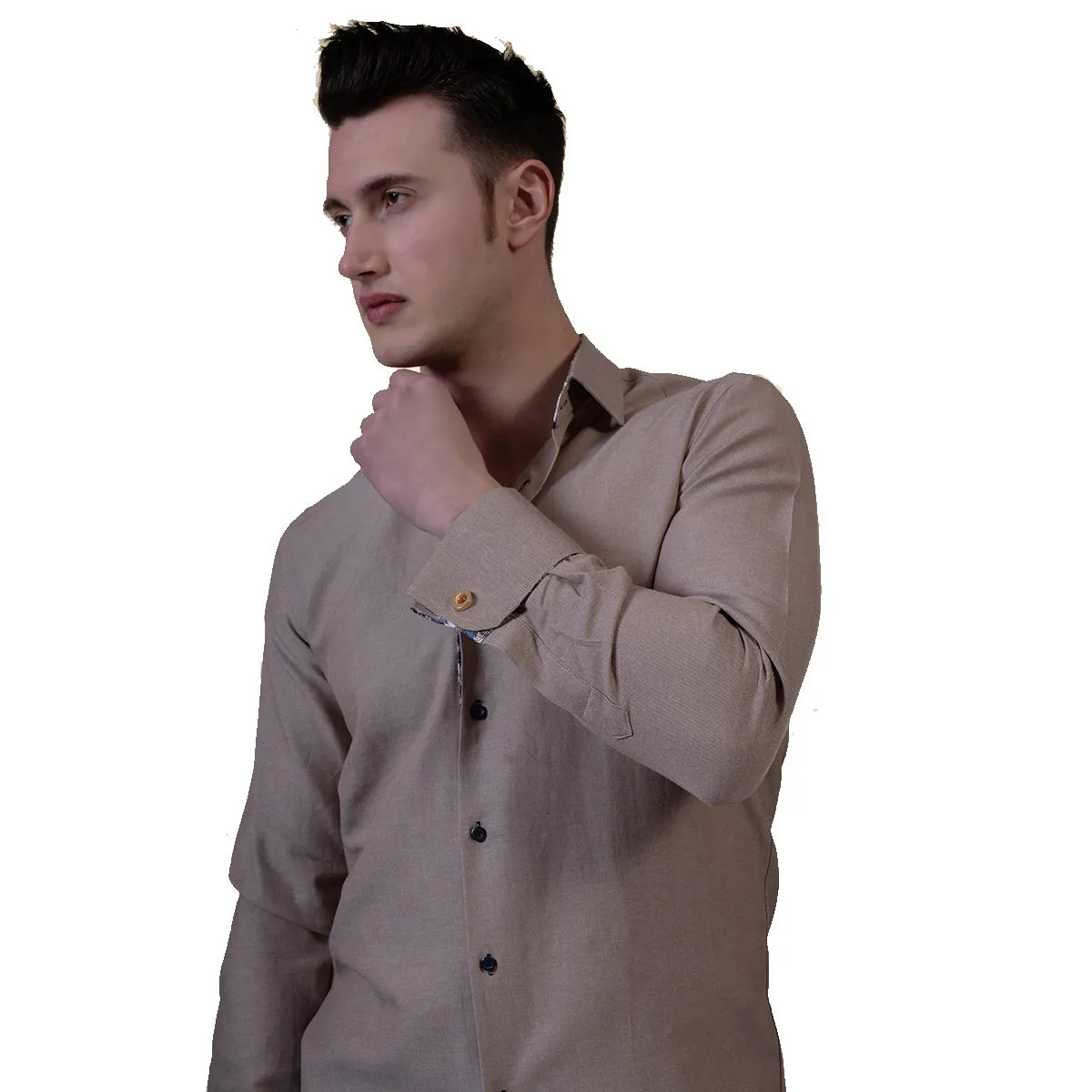 Brown White Mens Slim Fit French Cuff Dress Shirts with Cufflink Holes