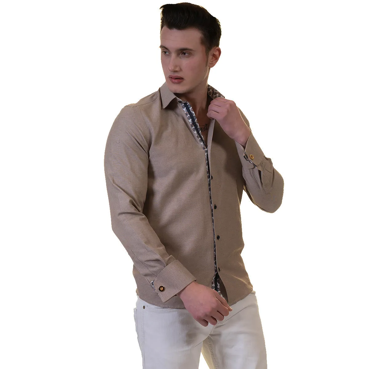 Brown White Mens Slim Fit French Cuff Dress Shirts with Cufflink Holes