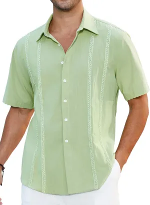 HISDERN Mens Cuban Guayabera Shirts Short Sleeve Casual Button Down Shirts for Men Regular Fit Summer Beach Linen Shirt Solid