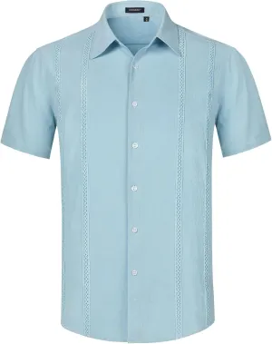 HISDERN Mens Cuban Guayabera Shirts Short Sleeve Casual Button Down Shirts for Men Regular Fit Summer Beach Linen Shirt Solid