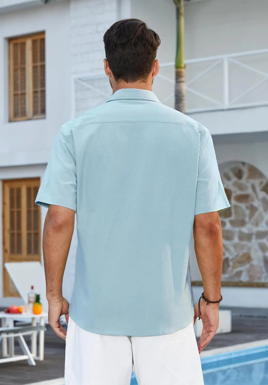 HISDERN Mens Cuban Guayabera Shirts Short Sleeve Casual Button Down Shirts for Men Regular Fit Summer Beach Linen Shirt Solid