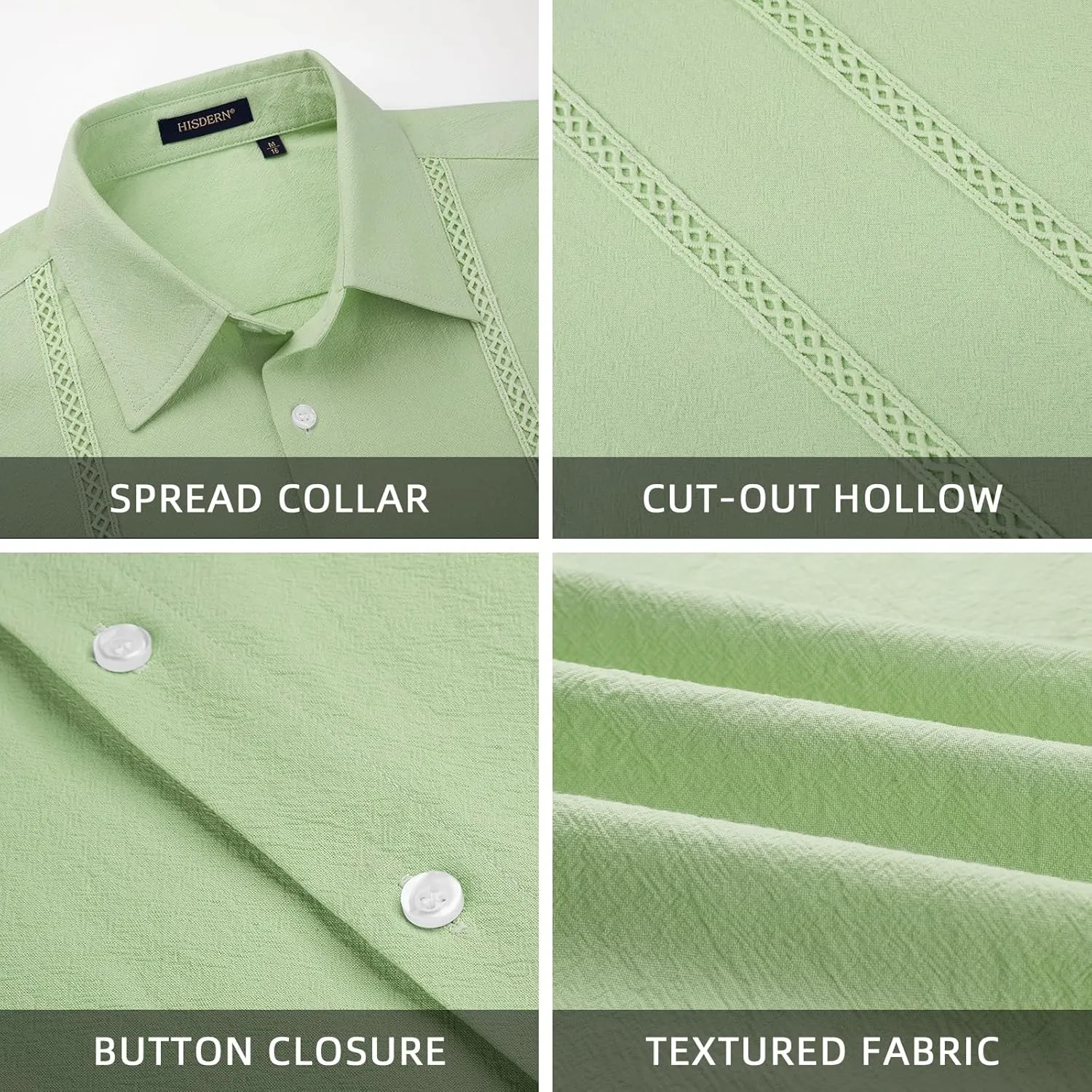 HISDERN Mens Cuban Guayabera Shirts Short Sleeve Casual Button Down Shirts for Men Regular Fit Summer Beach Linen Shirt Solid