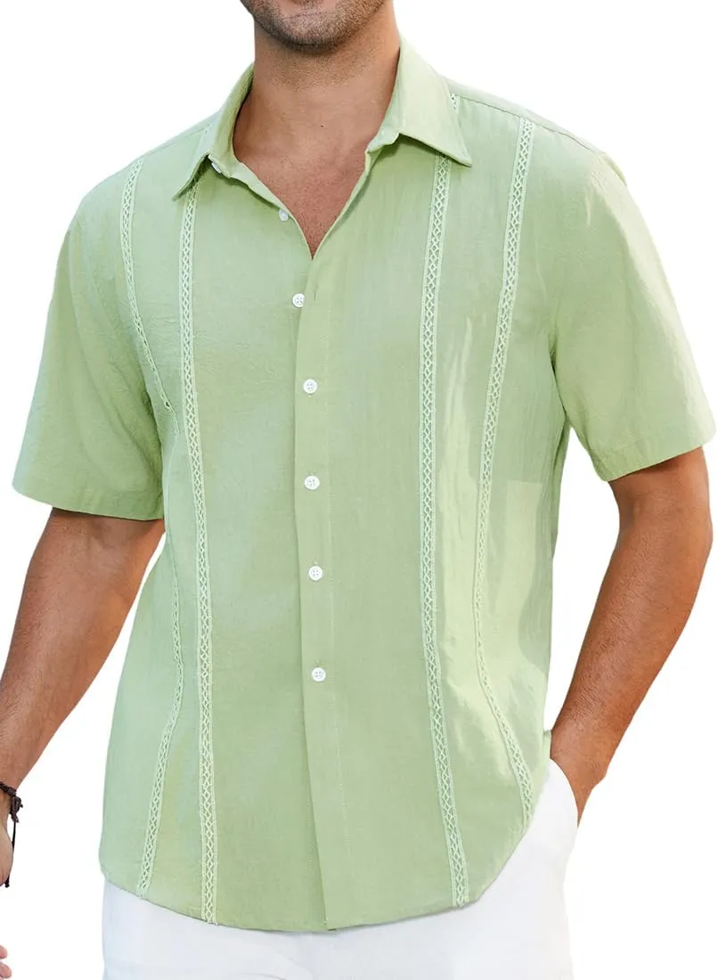 HISDERN Mens Cuban Guayabera Shirts Short Sleeve Casual Button Down Shirts for Men Regular Fit Summer Beach Linen Shirt Solid