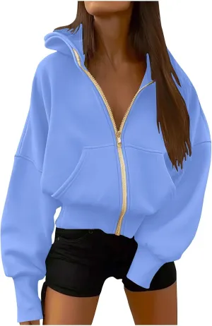 Hoodies For Women Full Zip Up Oversized Sweatshirts Casual Long Sleeve Track Jackets With Pockets 2024 Fall Outfits