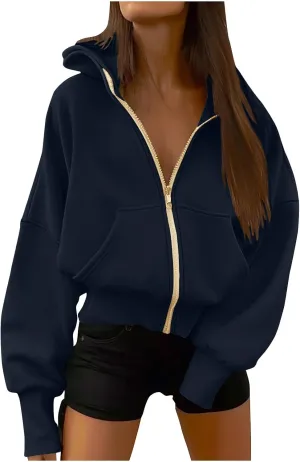 Hoodies For Women Full Zip Up Oversized Sweatshirts Casual Long Sleeve Track Jackets With Pockets 2024 Fall Outfits