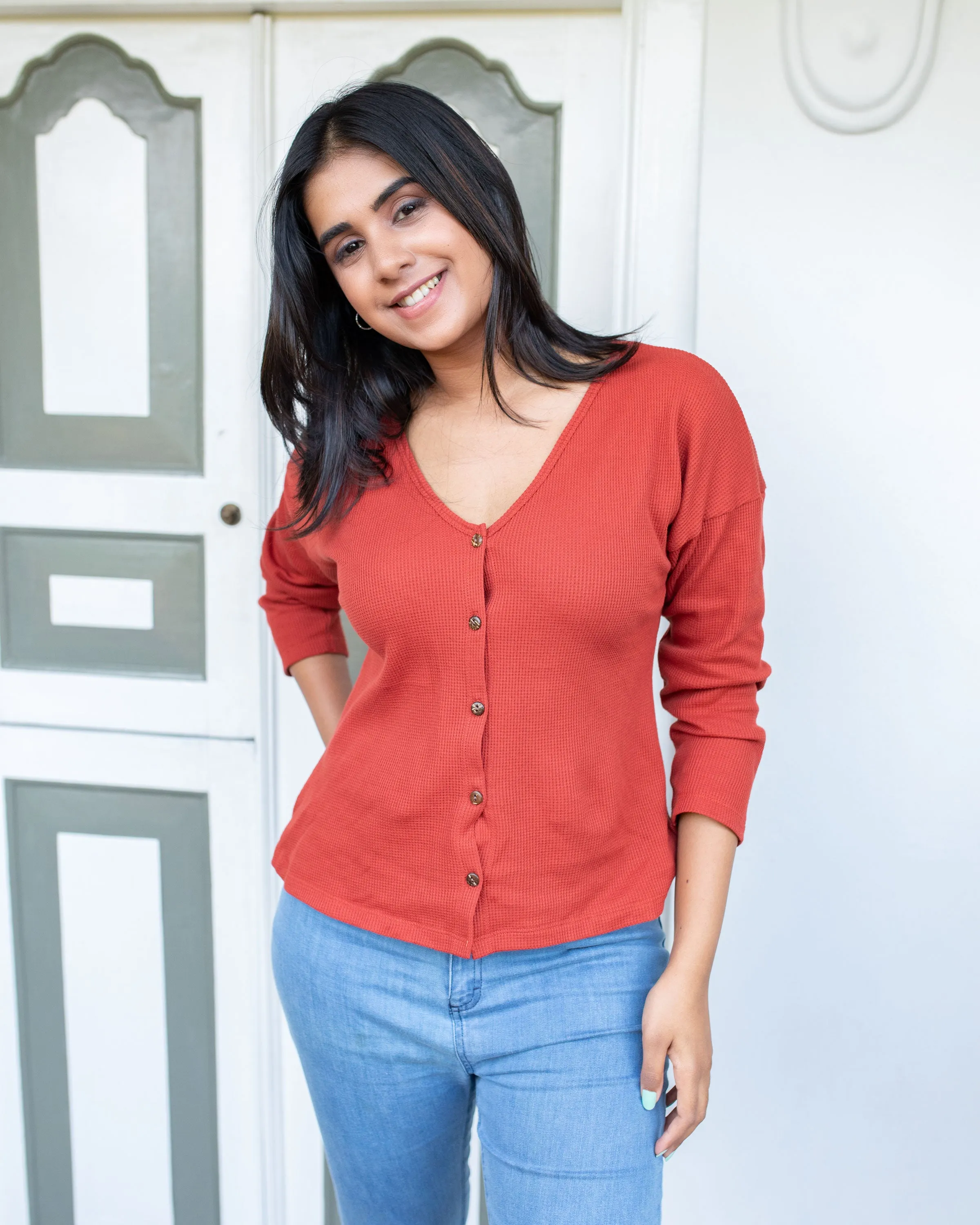 Liyanna Knitteed Workwear Top-Brick