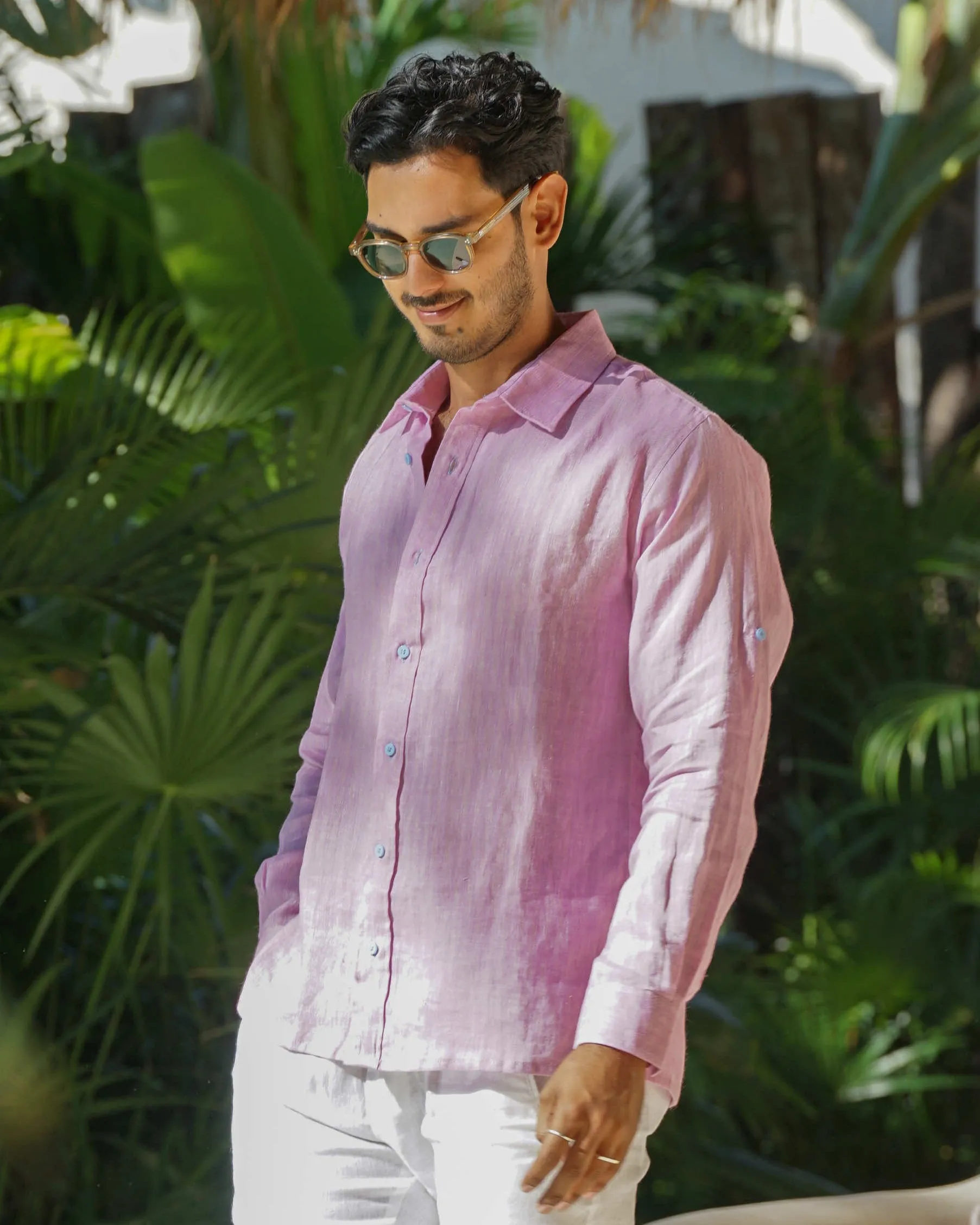 MALLORCA Linen Shirt - Dark Pink /Baby Blue