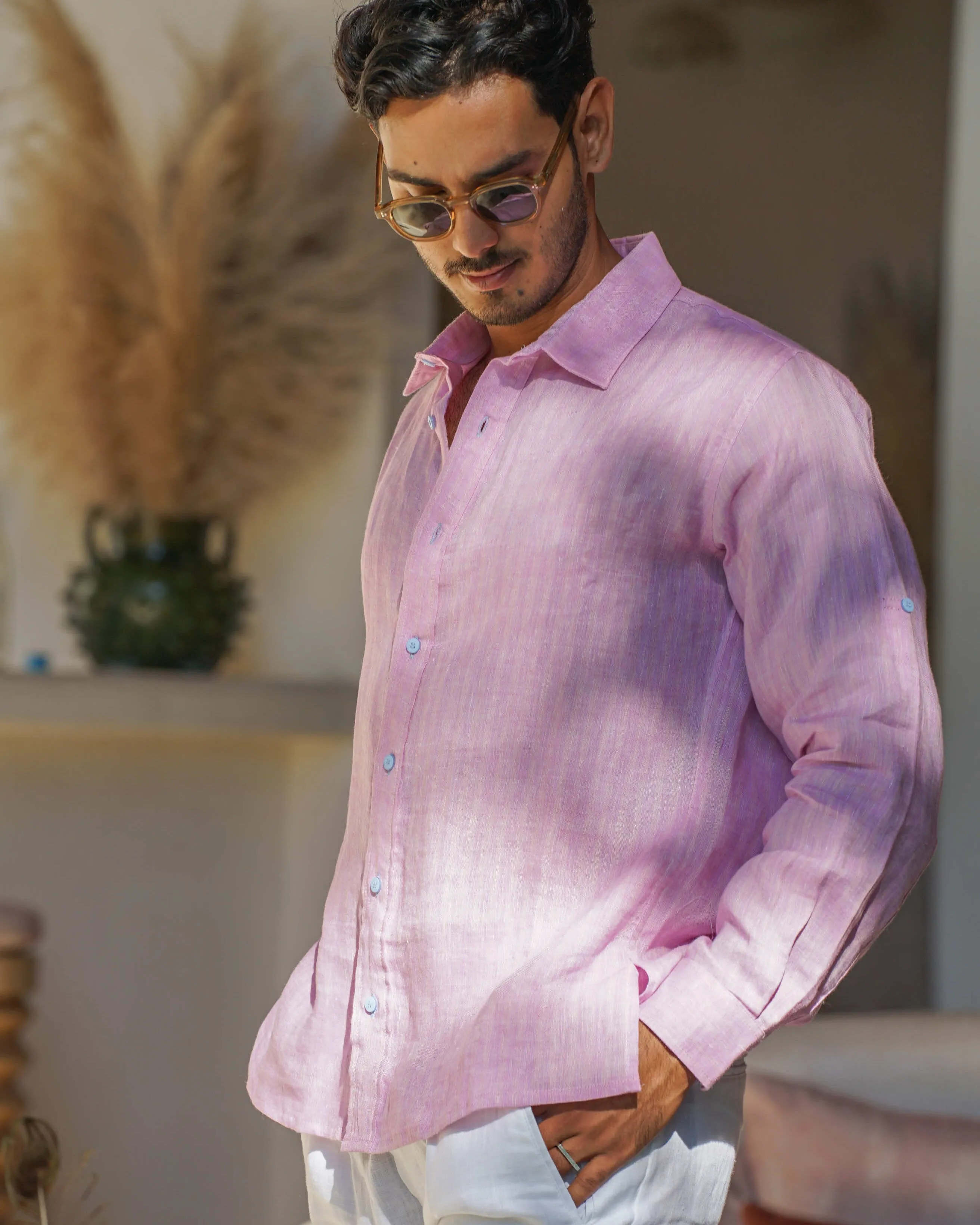 MALLORCA Linen Shirt - Dark Pink /Baby Blue
