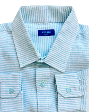 MALLORCA Linen Shirt - Turquoise Stripes/Neon Yellow