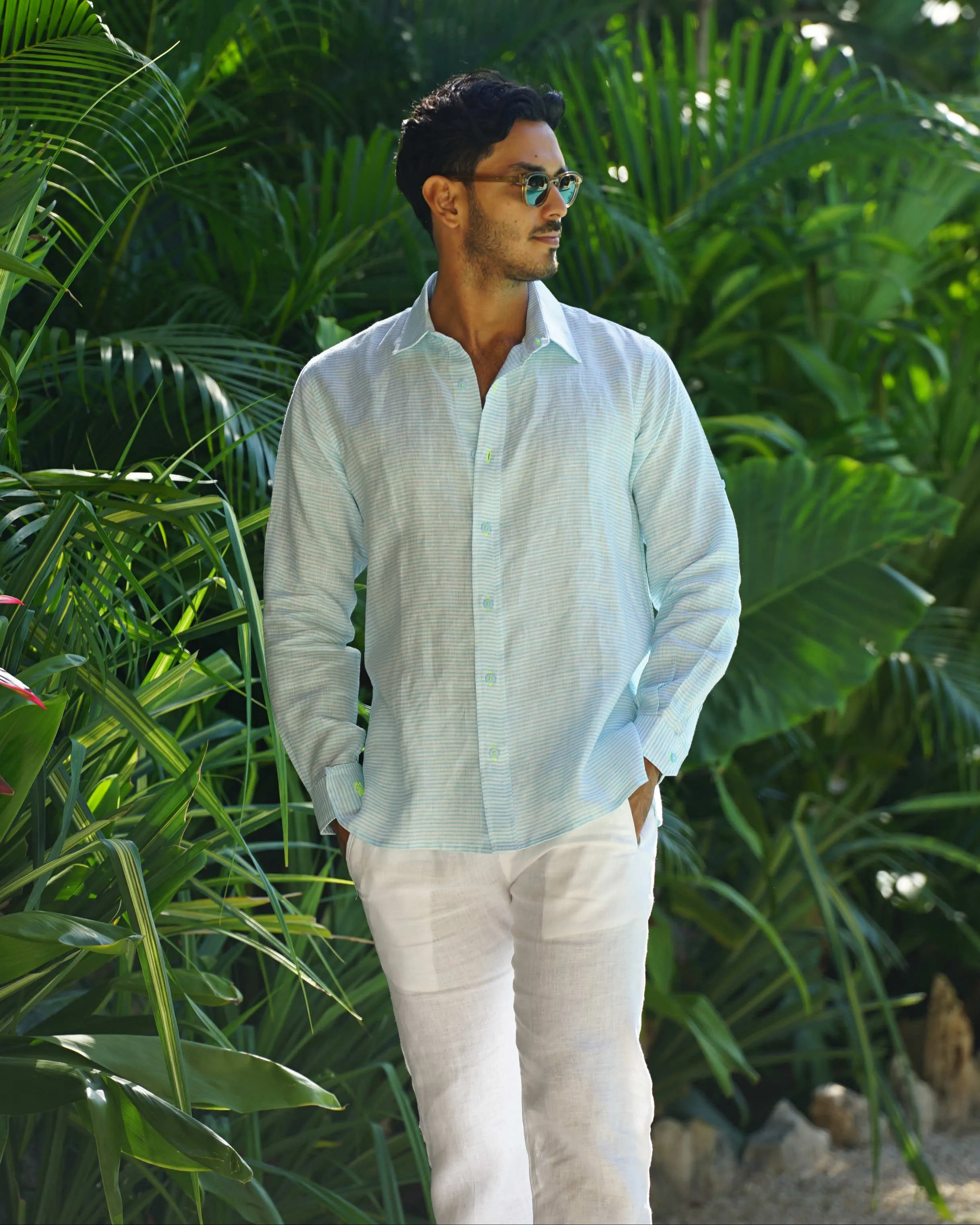MALLORCA Linen Shirt - Turquoise Stripes/Neon Yellow