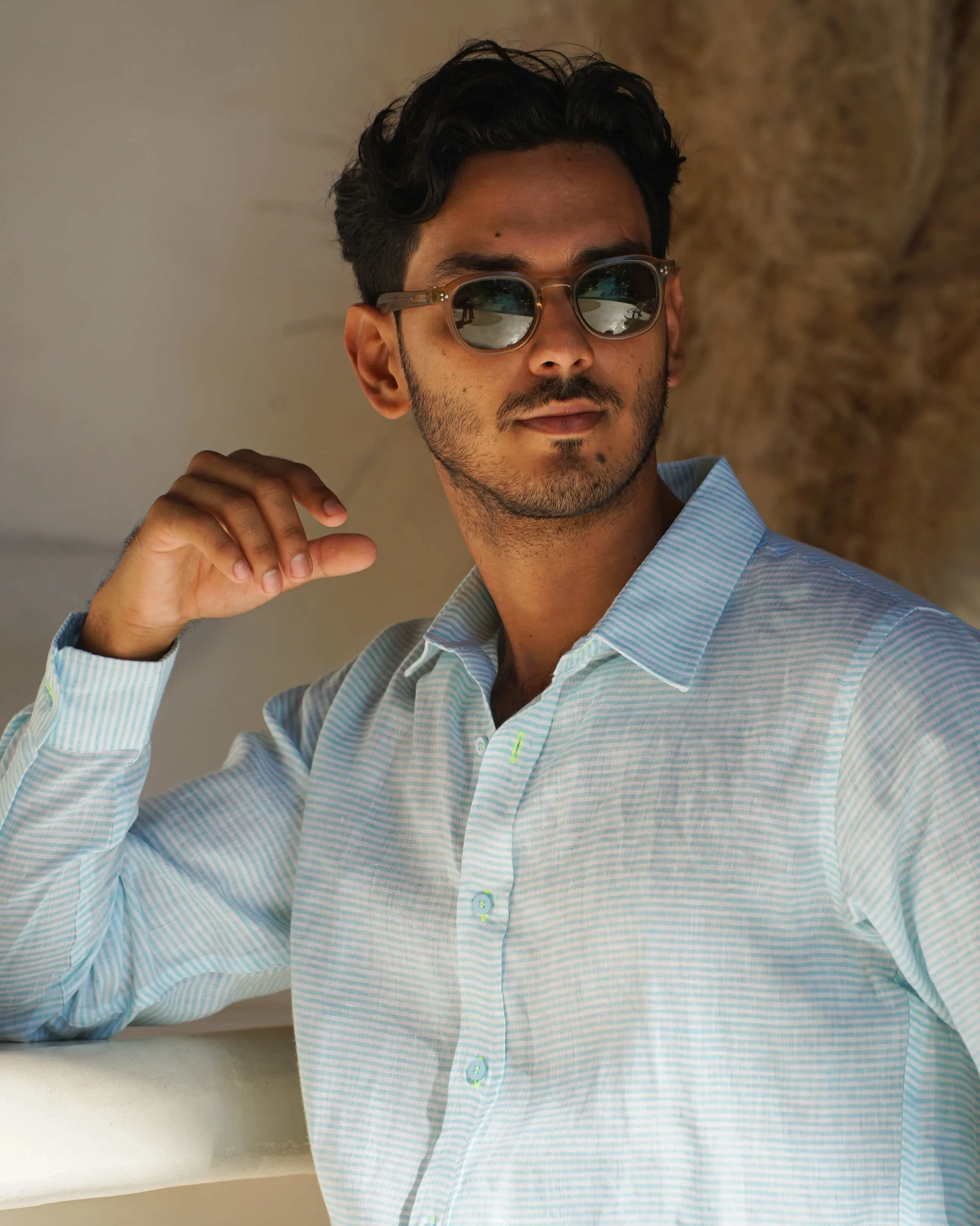 MALLORCA Linen Shirt - Turquoise Stripes/Neon Yellow