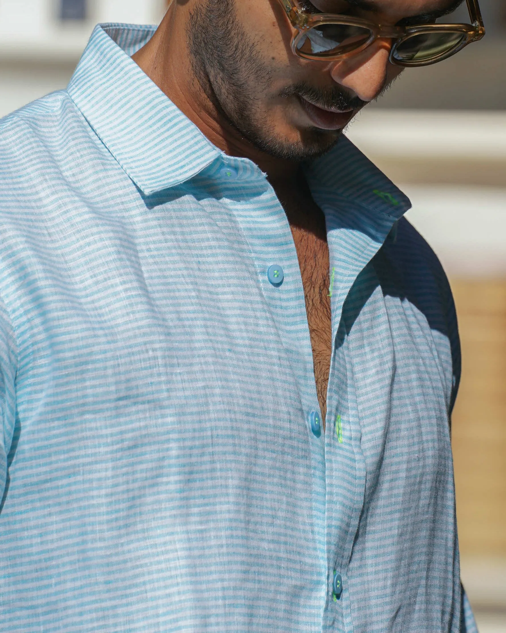 MALLORCA Linen Shirt - Turquoise Stripes/Neon Yellow