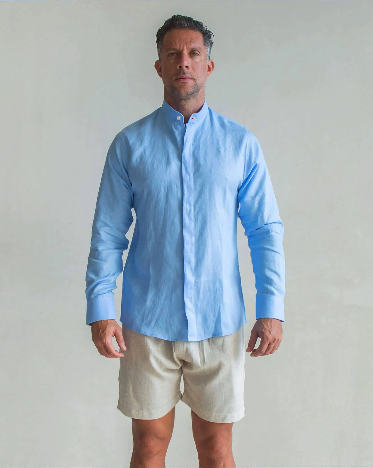 MENORCA Linen Shirt - Blue Sky/Neon Orange