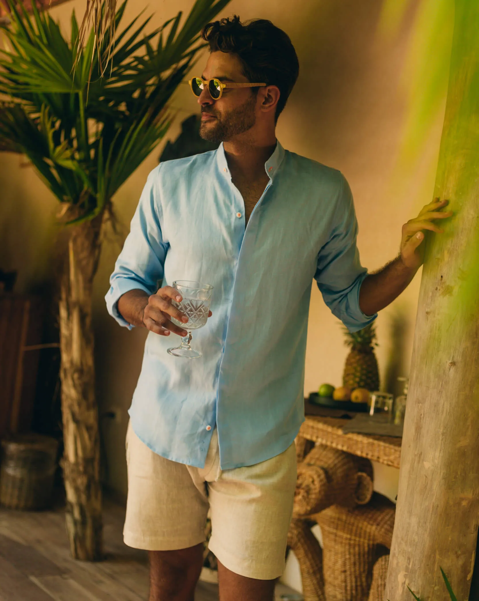 MENORCA Linen Shirt - Blue Sky/Neon Orange