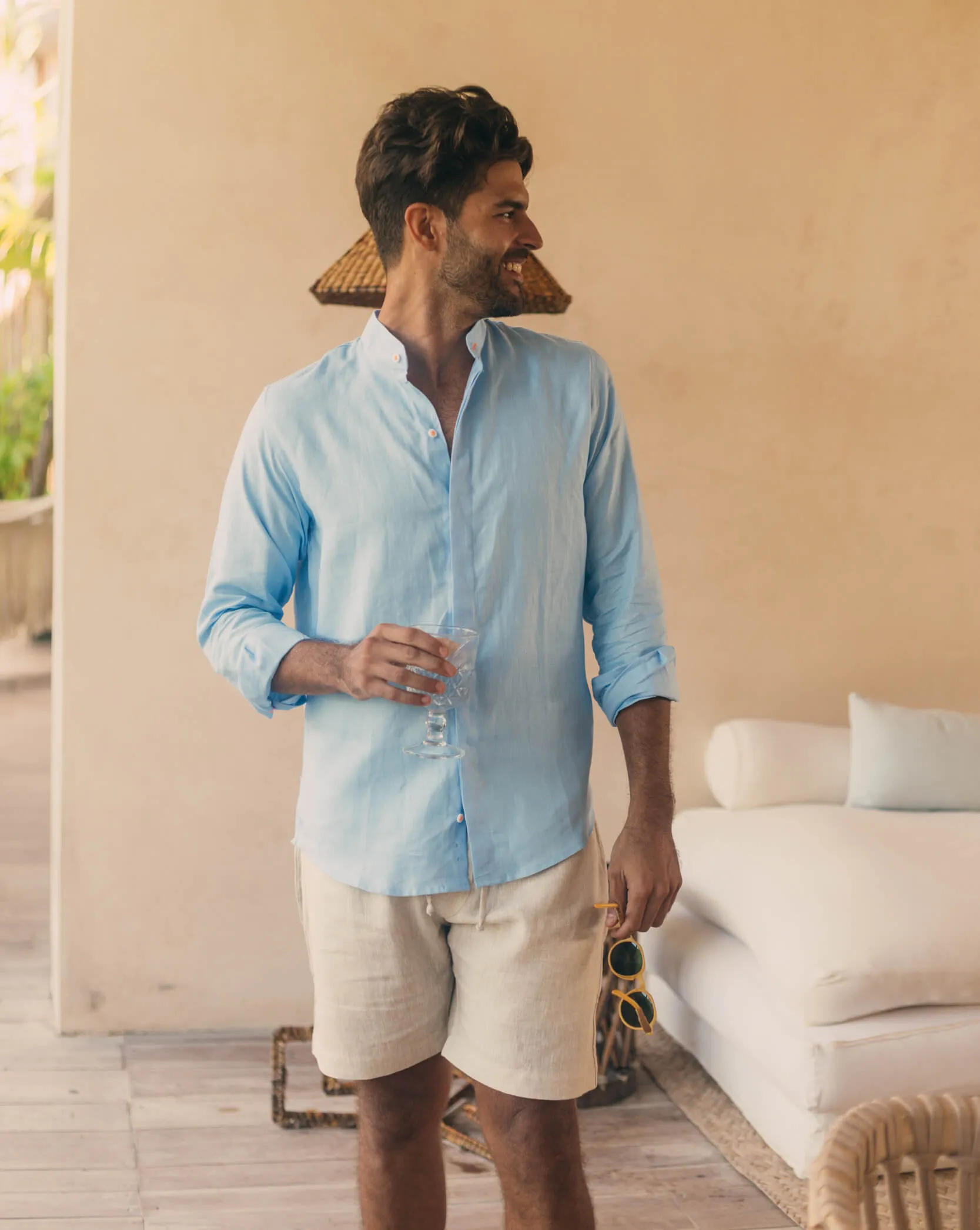 MENORCA Linen Shirt - Blue Sky/Neon Orange