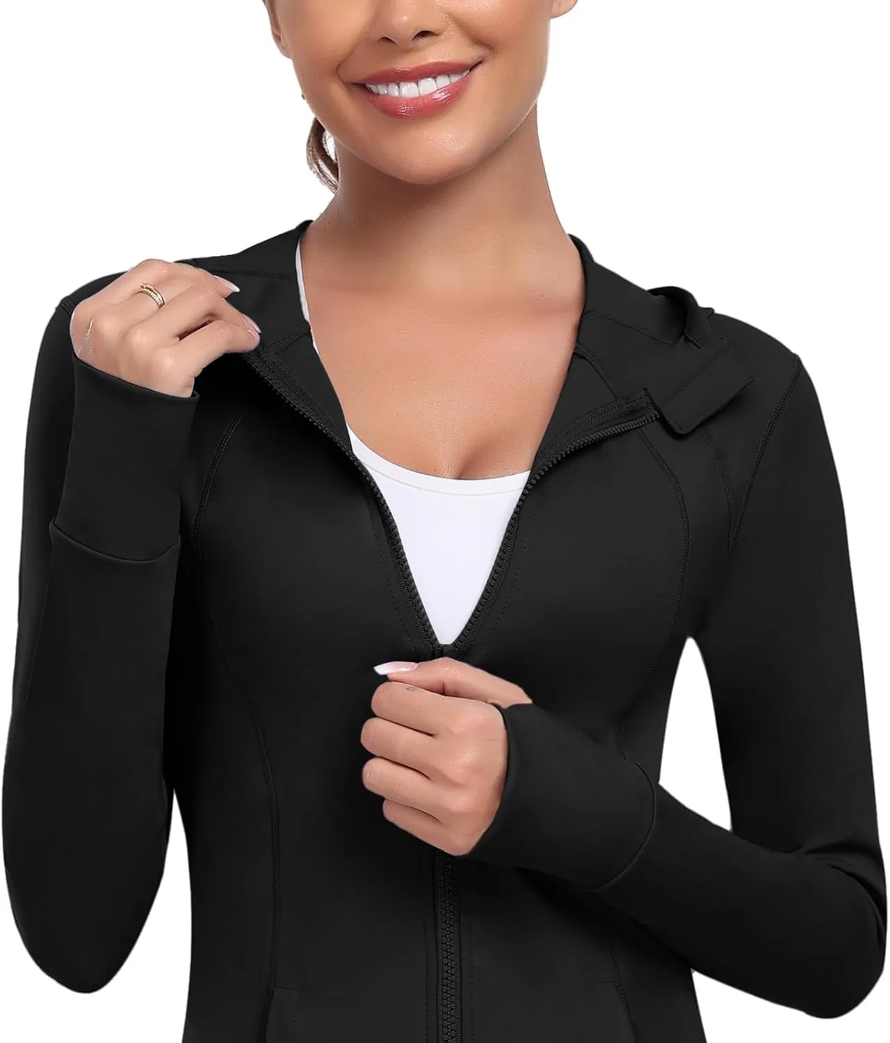 Women's Hooded Athletic Full Zip Workout Jacket With Pockets Running Slim Fit Yoga Sportwear With Thumb Holes