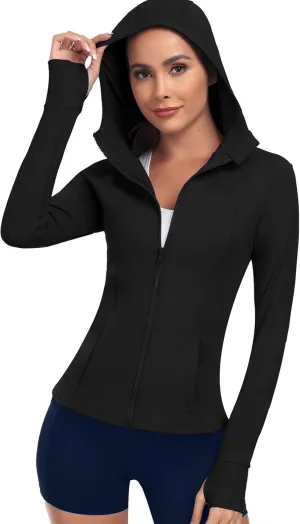 Women's Hooded Athletic Full Zip Workout Jacket With Pockets Running Slim Fit Yoga Sportwear With Thumb Holes