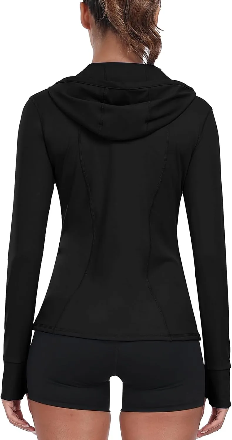 Women's Hooded Athletic Full Zip Workout Jacket With Pockets Running Slim Fit Yoga Sportwear With Thumb Holes