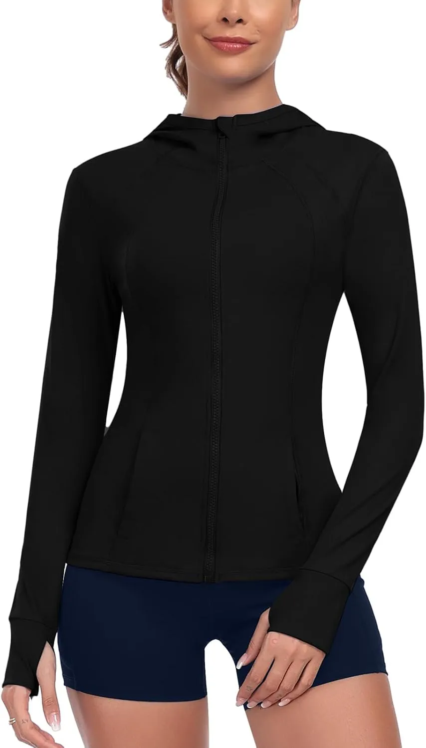 Women's Hooded Athletic Full Zip Workout Jacket With Pockets Running Slim Fit Yoga Sportwear With Thumb Holes