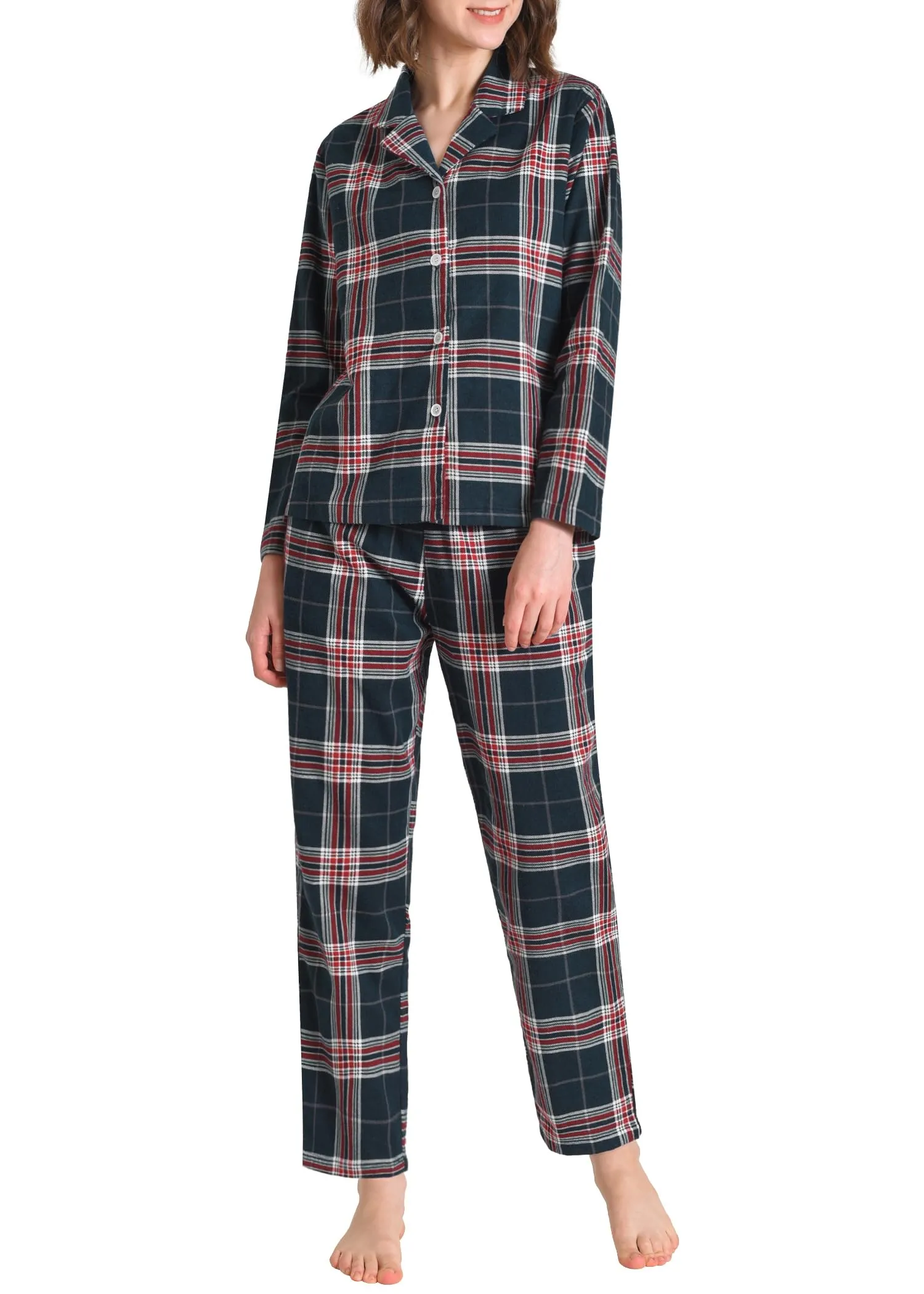 Women's Petite Flannel Pajama Set Soft Cotton Button Up PJs Set