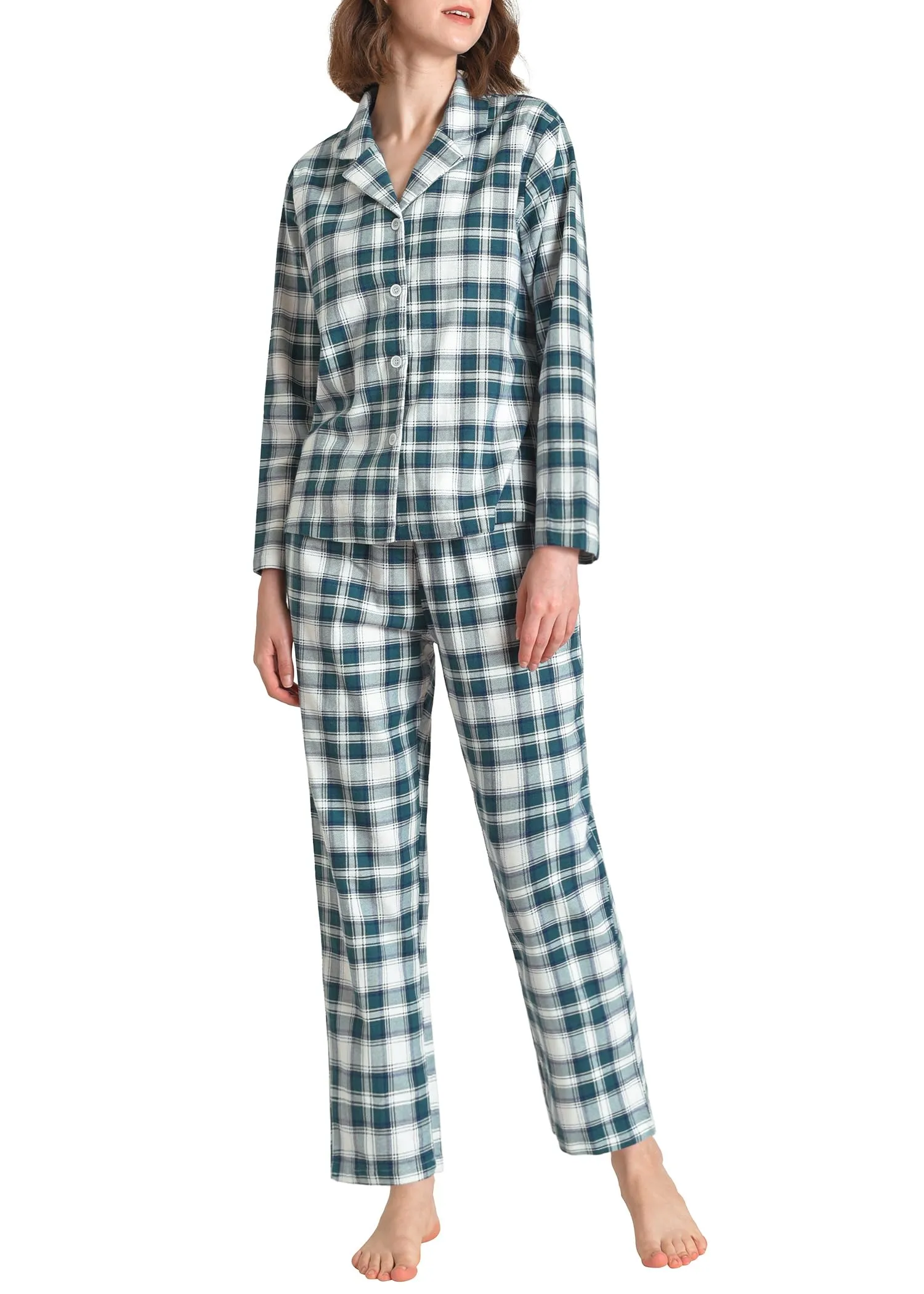 Women's Petite Flannel Pajama Set Soft Cotton Button Up PJs Set